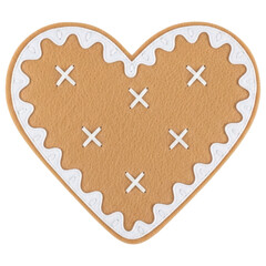Heart shaped felt gingerbread cookie with white icing and stitches on transparent background