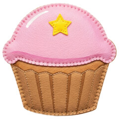 Pink frosted cupcake made of felt with yellow star on transparent background