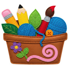 Felt craft supplies in a brown pot with yarn and pencils on transparent background