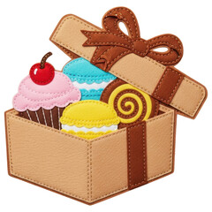 Felt sweet treats in a gift box with a bow for celebration on transparent background
