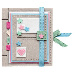Felt scrapbook journal with stars and heart decorations on transparent background
