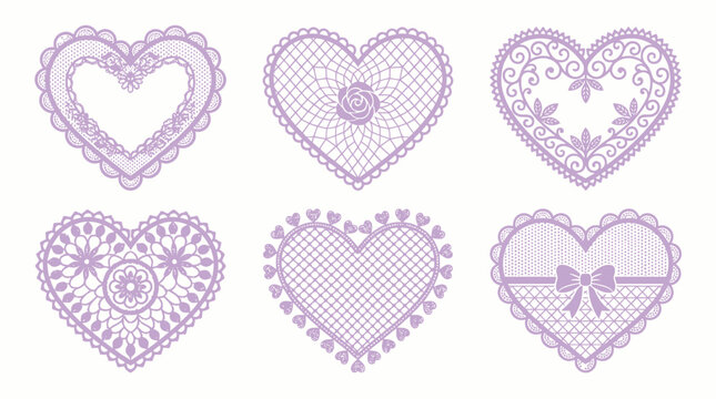 Set of six purple lace heart doilies with intricate floral and scroll patterns isolated on white, concept for wedding invitations, Valentine's Day cards and romantic packaging design