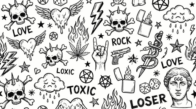Seamless black and white tattoo doodle pattern featuring skulls, flames, hearts, rock symbols and grunge elements, concept for apparel design, music event posters and edgy background prints