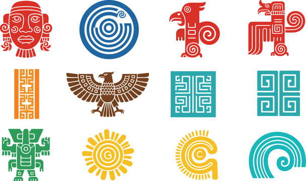 Ancient Mesoamerican and Aztec inspired geometric symbol icon set featuring mythological figures, spiral motifs, and tribal ornaments