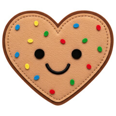 Felt heart cookie with a happy face and colorful sprinkles on transparent background