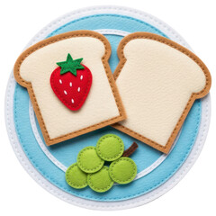 Two slices of felt bread with strawberry and grapes on a blue plate on transparent background