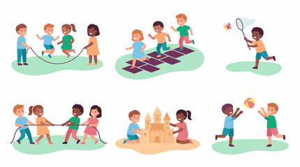 Fototapeta premium Diverse group of happy children playing six different classic outdoor games including jump rope and sandcastle building, concept for summer activities, childhood education and daycare promotion