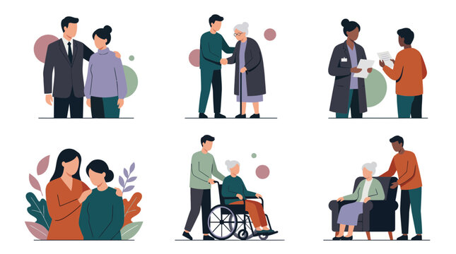 Flat illustration set depicting emotional support, senior care and medical professional consultation, concept for healthcare advertising, social relationship guides and community assistance programs
