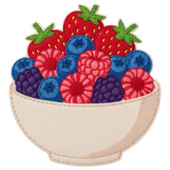 Bowl of colorful fresh berries with embroidered texture on transparent background