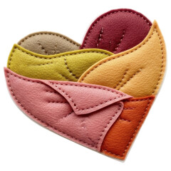 Colorful layered felt heart with leaf patterns on transparent background