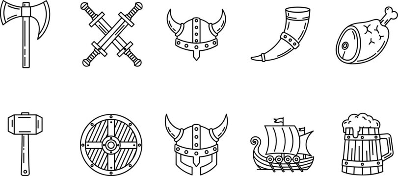 Viking and medieval weapon outline icon set featuring axes, swords, shields, helmets, ships, and warrior equipment for fantasy designs