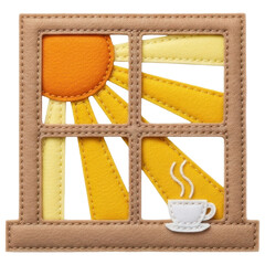 Sun view from window with coffee cup, cozy morning felt craft on transparent background