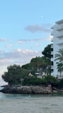 Evening in Cala D'or on Mallorca in Spain.Seagull walking near white hotel building on empty Cala Ferrera beach