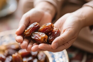 Close-up of a person's cupped hands holding a small pile of ripe dates