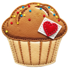 Delicious felt cupcake with colorful sprinkles and a heart decoration on transparent background