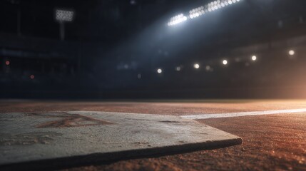 A cinematic closeup of home plate inside a 3D rendered baseball stadium with dramatic lighting, capturing intense sports moments, game anticipation, an iconic stadium backdrop for editorial visuals