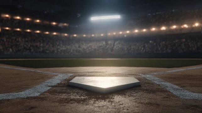 A cinematic closeup of home plate inside a 3D rendered baseball stadium with dramatic lighting, capturing intense sports moments, game anticipation, an iconic stadium backdrop for editorial visuals