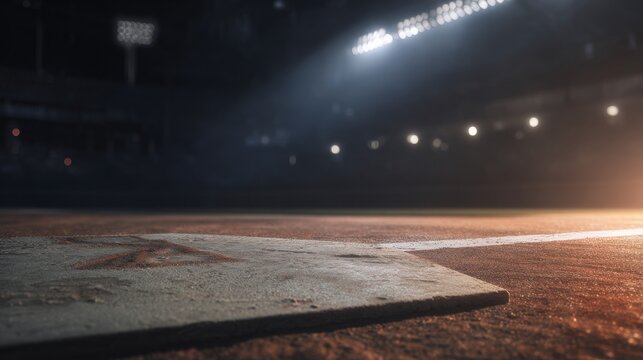 A cinematic closeup of home plate inside a 3D rendered baseball stadium with dramatic lighting, capturing intense sports moments, game anticipation, an iconic stadium backdrop for editorial visuals