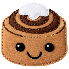 Felt cinnamon roll with smiling cartoon face and white frosting on transparent background
