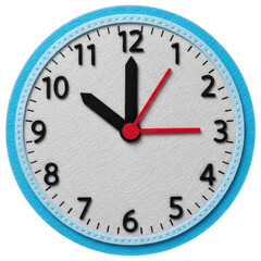 Classic blue and white felt clock showing ten after three on transparent background