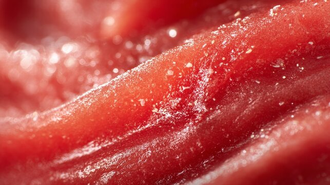 An ultra-close macro view capturing the juicy texture and fine pulp of a fresh strawberry, symbolizing fresh skincare ingredients, gentle exfoliation, and hydration for radiant smooth skin
