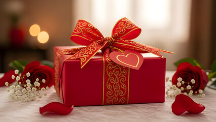Romantic red gift box with roses and heart shaped tag
