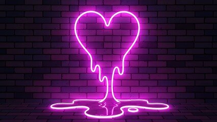 Neon pink heart sign with dripping light on gritty brick wall, urban love symbol glowing in darkness, center frame