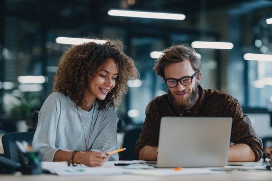 Collaborative Innovation: Two colleagues are deep in discussion, engrossed in a project, as they share ideas at a desk. The image captures the dynamic of a professional workplace.