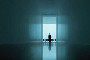 Obraz premium The Enigmatic Passage: A lone figure stands poised in the entrance, a silhouette against a bright light, hinting at a world of mystery, thought, and solitary moments.