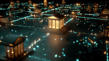 Obraz premium Futuristic Digital Landscape with Glowing Structures Depicting Bank Buildings on a Network of Circuits and Lights