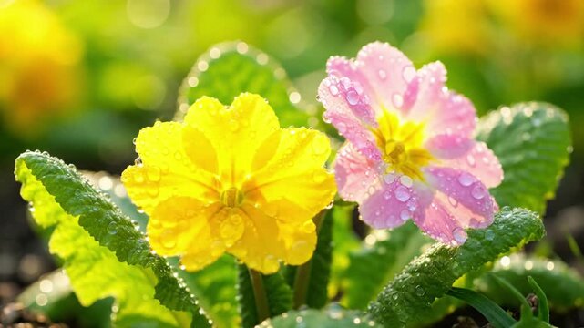 Primrose Petals Adorned with Morning Dew Macro close-up, extreme detail of primrose petals with glistening dew drops.