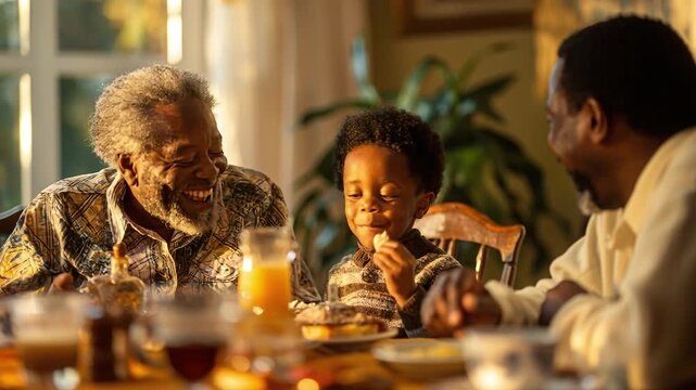 A young boy sits at a table eating breakfast with his father and grandfather. They share smiles and laughter in a sunny room during the morning. The meal includes drinks and food