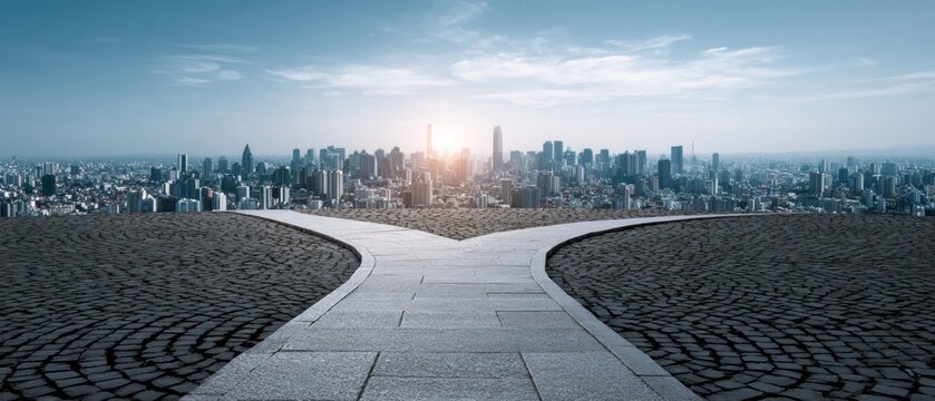 Road to Success: A symbolic image of a road diverging into two separate paths, leading towards a modern city, representing choices, decisions, and future endeavors.