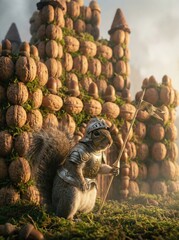 Squirrel knight holding spear guarding walnut castle