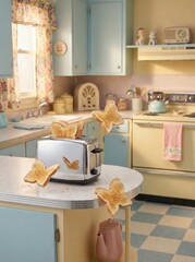 Butterfly shaped toast flying from retro kitchen toaster