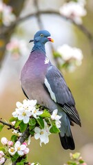 Fototapeta premium Pigeon perched among blooming apple blossoms, gazing forward against a blurred background