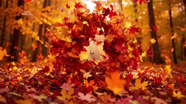 Dynamic Autumn Leaf Vortex Capturing the intense, localized swirling motion of various colored leaves.