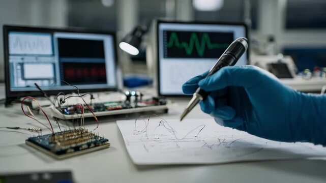 Researcher adjusting probes on a circuit designed for highfrequency applications surrounded by digital measurement devices and charts.