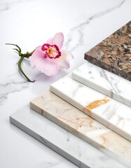 Marble & granite tiles arranged with a pink orchid, clean lines, light tones, on a white marble surface