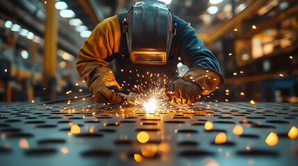 A skilled welder works diligently on a metal surface, sparks flying, showcasing dedication and craftsmanship in the industrial setting.