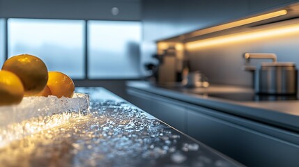 Citrus delight: Oranges, ice crystals, and modern kitchen ambiance for a refreshing vibe