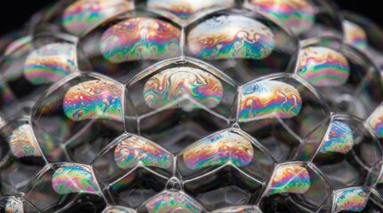 Bubbles forming an iridescent geometric pattern with colorful reflections
