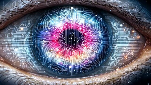 A detailed close-up of a human eye with a vibrant, intricate circuit board iris pattern