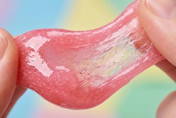 Hands stretching pink glitter slime with bubbles
