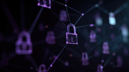 Digital Security Network: An intricate network of interconnected padlocks glows against a dark backdrop, symbolizing the complex web of data protection and cybersecurity.