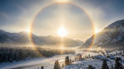 Winter mountain landscape with sun halo and parhelion phenomenon