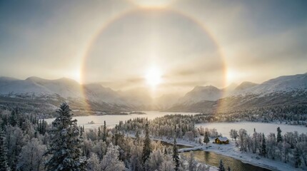Sun halo forming over snowy winter mountain landscape