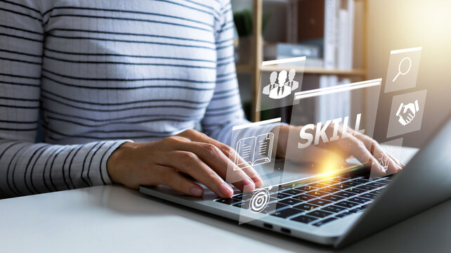 Digital courses to develop new skills, learning online concept.Woman hand using laptop computer study e-learning online education training for personal development and Professional study online.