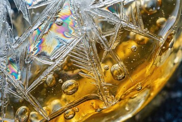 Ice crystals forming in golden liquid with bubbles