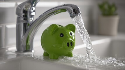 Green piggy bank on kitchen sink with flowing water, symbol of savings, financial management, and budgeting, promoting responsible money management practices
